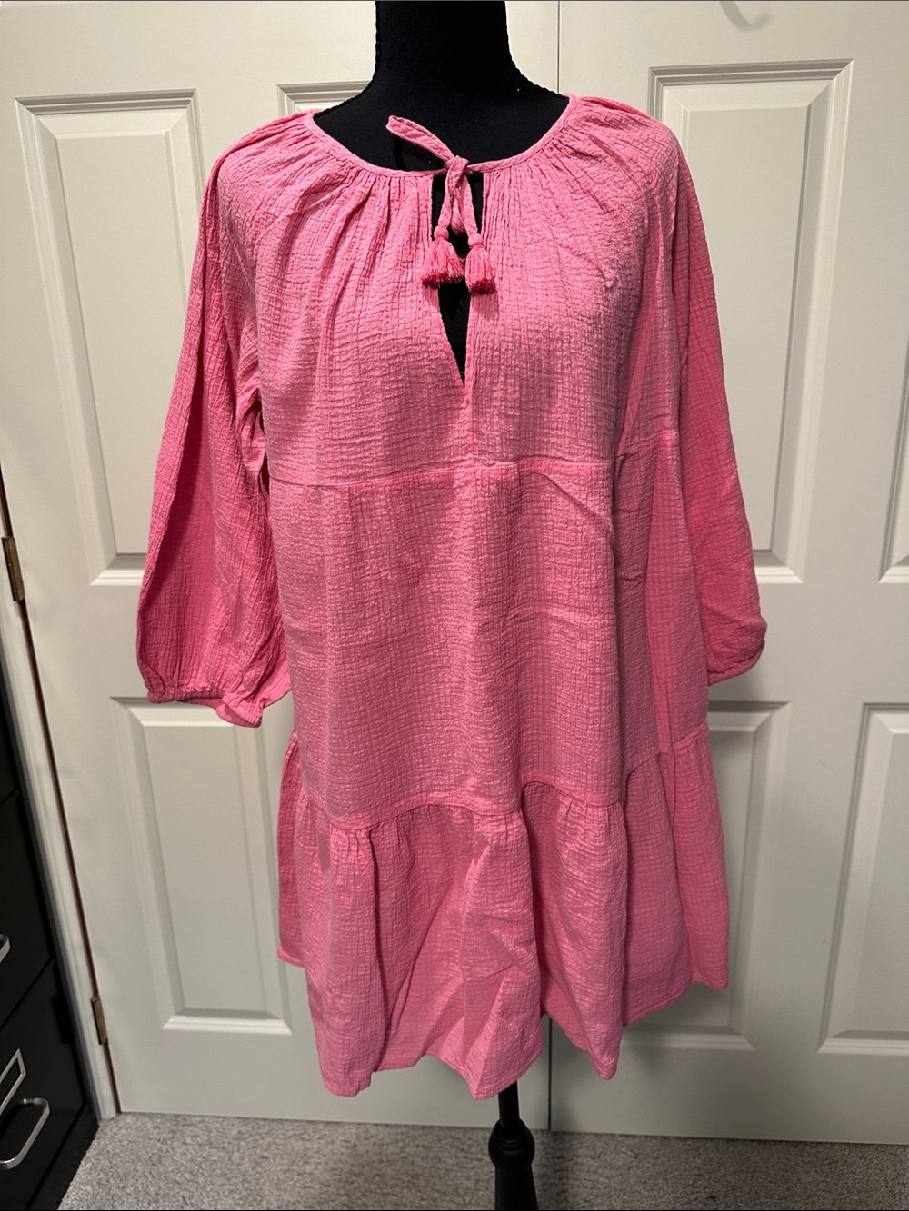 J. Crew Bright Pink Gauze Tassel Peasant Tunic